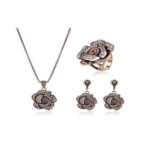 Rétro Femme Mariée Alliage Zircon Bijoux Ensembles Fleur Collier / Clou D'oreille / Bague (Or Antique)