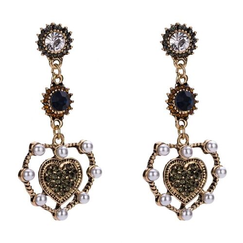 Femmes Élégantes Vintage Coeur Forme Strass Fausse Perle Goutte Longues Boucles D'oreilles