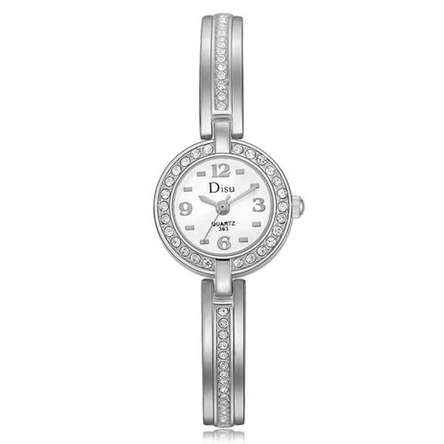 Disu Fashion Femmes Métal Zicron Quartz Mouvement Montre-Bracelet (Cadran Argent + Blanc)
