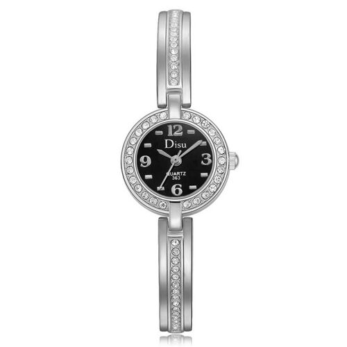 Disu Fashion Femmes Métal Zicron Quartz Mouvement Montre-Bracelet (Cadran Argent + Noir)