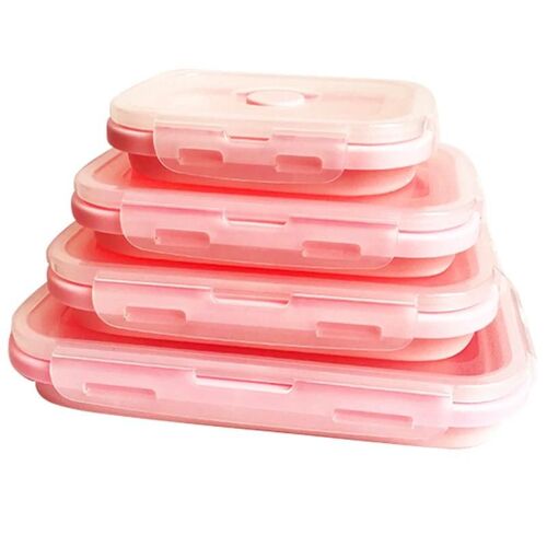 4pcs Récipients Pliables Silicone Stockage Des Aliments Micro-Ondes Réfrigérateur Boîte À Lunch Rose