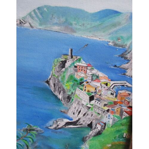 Tableau Paysage Marin - Peinture Huile Sur Toile- Vernazza Village Des Cinqueterre En Italie - Encadre , Signe