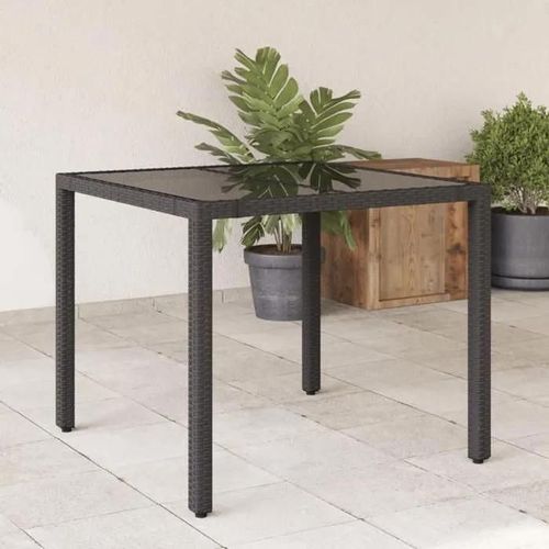 Vidaxl Table De Jardin Dessus En Verre Noir 90x90x75 Cm Résine Tressée