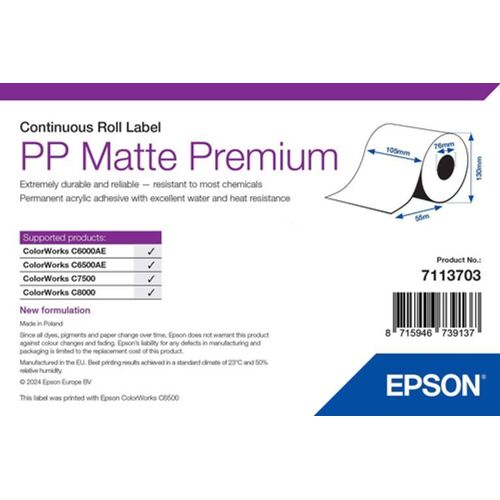 Epson Premium - Polypropylène (PP) - mat - adhésif permanent en acrylique - rouleau (10,5 cm x 55 m) 1 rouleau(x) étiquettes continues - pour ColorWorks C7500, C7500G, C8000e (BK), C8000e (MK)...