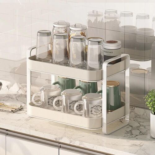 Étagère de rangement de tasse de bureau à double couche Plateau d'égouttage de tasse en verre ménager blanc