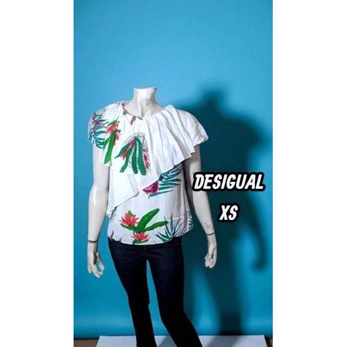 Valeur 60 Euros Desigual Taille 34 Neuf Haut Top Blanc Vert Bleu Tee Shirt