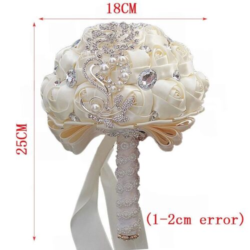 Bouquet de mariage artificiel Rose Posy avec satin strass jeter bouquet mariée tenant des fleurs blanc laiteux