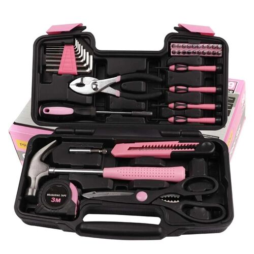 Ensemble d'outils roses de 39 pièces avec boîte de rangement Fournitures d'entretien durables pour la maison