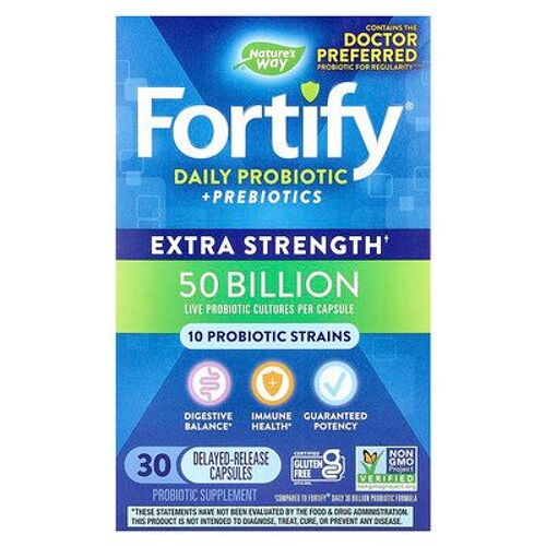 Nature's Way Fortify, Complexe Journalier Probiotiques + Prébiotiques, Extrapuissant, 50 Milliards, 30 Capsules À Libération Retardée 