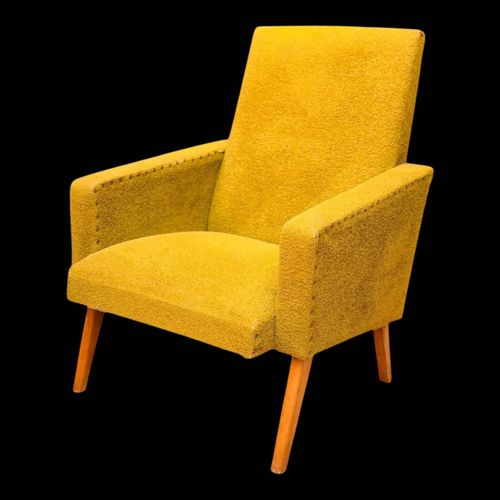 Fauteuil Vintage 60s Tissu Bouclettes Jaune Cumin Jaune