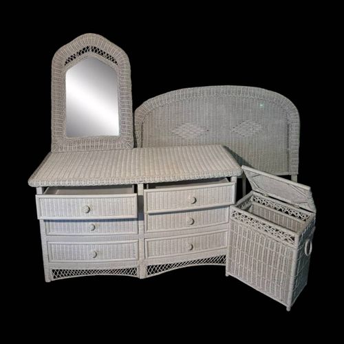 Ensemble Chambre Rotin Blanc Commode Miroir Lit Panier Blanc