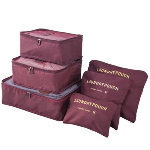 6pcs / set Sacs de rangement de voyage Organisateur Fermetures zippées légères Sac d'organisateur de valise pour voyage à la maison Vin rouge
