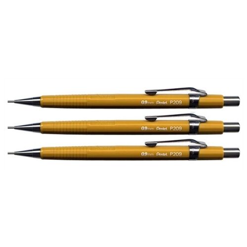Pentel Lot De 3 Portemines P 209 Pte Métal Mine 0,9 Mm Corps Jaune
