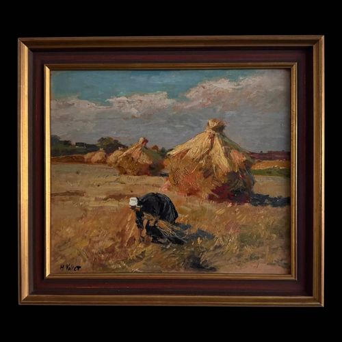 Huile sur panneau par Henri Vollet Bretonne ramassant le foin multicolore