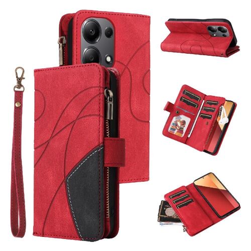 Étui Pour Xiaomi Poco M6 Pro 4g Portefeuille À Fermeture Éclair Style Couture À Deux Couleurs Avec Support De Fente Pour Carte Neuf Fentes Pour Cartes Bicelle De Protection - Rouge