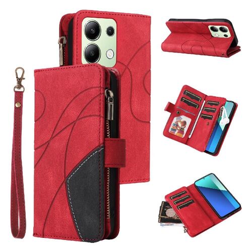 Étui Pour Xiaomi Redmi Note 13 4g Avec Support De Fente Pour Carte Couture À Deux Couleurs Neuf Fentes Pour Cartes Bicelle De Protection Portefeuille À Fermeture Éclair Style - Rouge