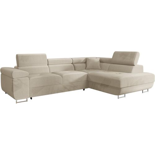 Canapé D'angle Convertible Torezio Avec Coffre De Lit Et Appuie-Tête Réglable. Angle Droit En Tissu Beige