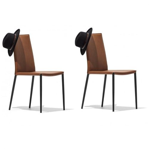 Lot De 2 Chaises Boheme Structure Métal Assise Cuir Cognac
