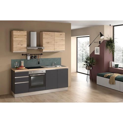 Cuisine Complète Montée All In Dalia Gris Anthracite Et Imitation Chêne L. 195 Cm Avec Électroménager