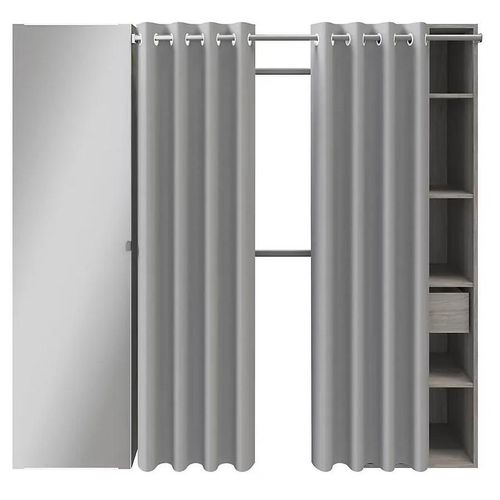 Dressing Avec Rideau Et Porte Miroir Effet Chêne Grisé Goodhome Atomia H. 187,5 X L. 200 X P. 45 Cm