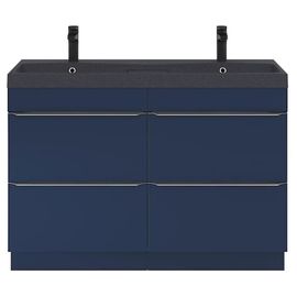 Ensemble Salle De Bains L.120 Cm Meuble À Poser Imandra Bleu Nuit Mat + Plan Double Vasque Résine Noir