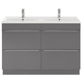 Ensemble Salle De Bains L.120 Cm Meuble À Poser Imandra Gris Brillant + Plan Double Vasque Céramique Blanc