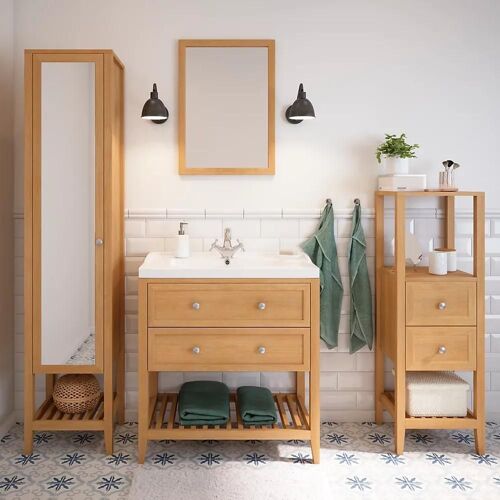 Meuble sous vasque à poser 2 tiroirs GoodHome Perma chêne 80 cm + Plan vasque blanc GoodHome Lana