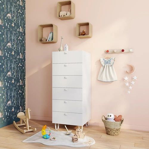 Commode Blanche Sur Pieds 6 Tiroirs Chambre Enfant Goodhome Atomia H. 123 X L. 50 X P. 45 Cm