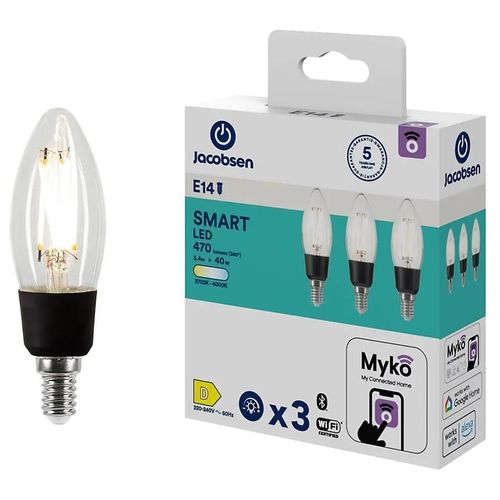 3 Ampoules Led Connectées Myko E14 Flamme À Filament 470lm=40w Variation De Blancs Jacobsen Transparent