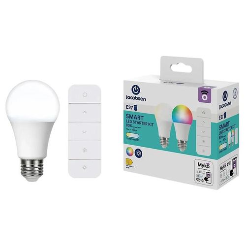 Kit De 2 Ampoules Led Connectées Myko E27 A60 806lm=60w Variation De Blancs Et Couleurs + Télécommande Jacobsen Blanc