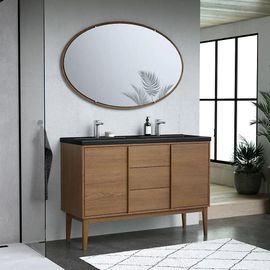 Ensemble Meuble Sous Vasque Placage Bois Kabayan + Plan Double Vasque Céramique Noir Nira L.120 Cm