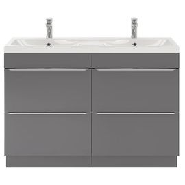 Ensemble Salle De Bains L.120 Cm Meuble À Poser Imandra Gris Brillant + Plan Double Vasque Résine Blanc