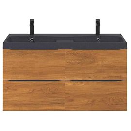 Ensemble Salle De Bains L.120 Cm Meuble À Suspendre Imandra Décor Noyer + Plan Double Vasque Résine Noir