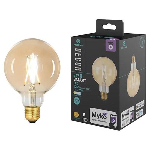Ampoule Led Connectée Myko E27 Globe Ø9,5cm À Filament 1055lm=75w Variation De Blancs Jacobsen Ambrée