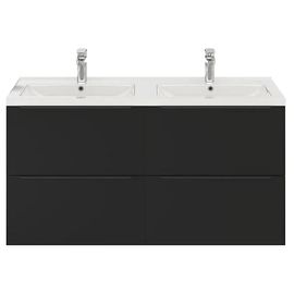 Ensemble Salle De Bains L.120 Cm Meuble À Suspendre Imandra Noir Mat + Plan Double Vasque Céramique Blanc