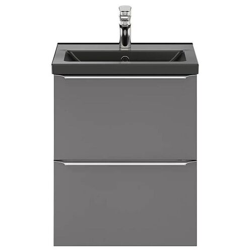 Ensemble salle de bains l.50 cm meuble à suspendre faible profondeur Imandra gris brillant + plan vasque céramique noir