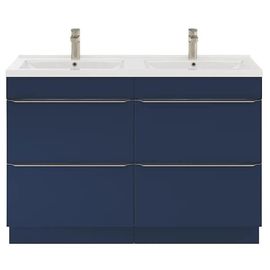 Ensemble Salle De Bains L.120 Cm Meuble À Poser Imandra Bleu Nuit Mat + Plan Double Vasque Céramique Blanc