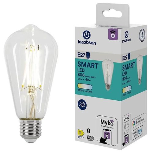 Ampoule Led Connectée Myko E27 Edison À Filament 806lm=60w Variation De Blancs Jacobsen Transparent