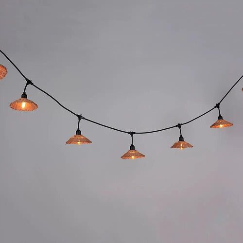 Guirlande esprit guinguette Little Garden 10 lumières E27 70lm IP44 blanc chaud 6m abat-jour en rotin PVC