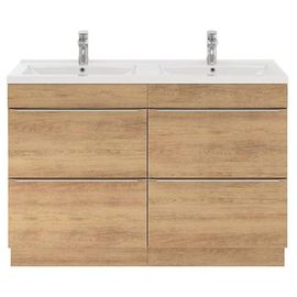 Ensemble Salle De Bains L.120 Cm Meuble À Poser Imandra Décor Chêne + Plan Double Vasque Céramique Blanc