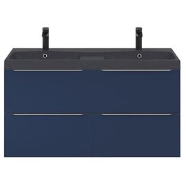 Ensemble Salle De Bains L.120 Cm Meuble À Suspendre Imandra Bleu Nuit Mat + Plan Double Vasque Résine Noir