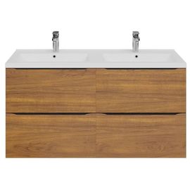 Ensemble Salle De Bains L.120 Cm Meuble À Suspendre Imandra Décor Noyer + Plan Double Vasque Céramique Blanc