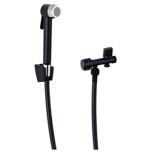 Kit hygiène WC avec douchette 2 jets + flexible + support mural + robinet alimentation, noir/chrome, MTK Harmonie