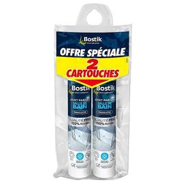 Mastic d'étanchéité spécial salle de bain translucide Bostik Joint Parfait tous matériaux, lot de 2 cartouches de 280 ml