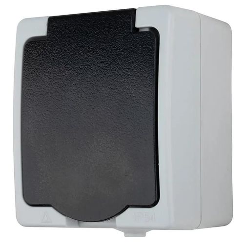 Prise avec terre étanche en saillie gris complet - H 8,5 cm / L 6,5 cm / P 5 cm