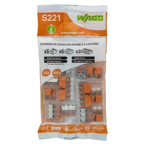 Borne de connexion Wago S221, assortiment 15 pièces