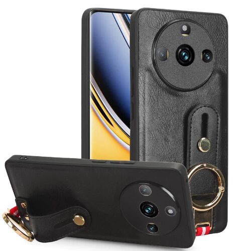 Étui Pour Realme11 Pro Compatibilité Sangle De Poignet Cuir Pu Premium Commodité - Noir