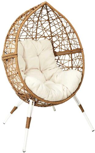 Fauteuil oeuf en résine tressée coussin en tissu beige Longueur 100 cm