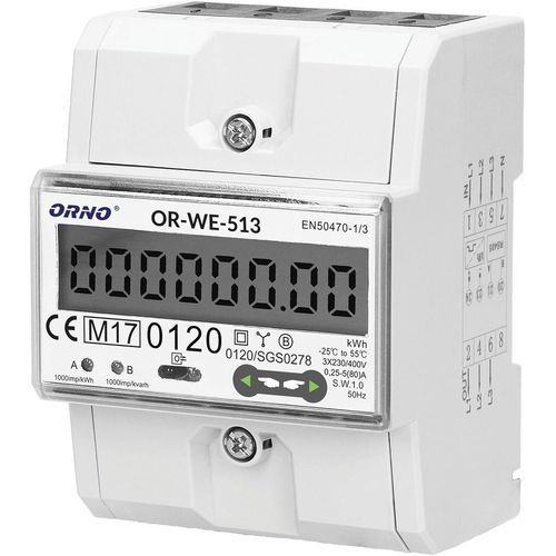 LIKO-We-513 Compteur Electrique Rail Din Pour Systèmes Triphasés Avec Certificat Mid, 0.25A - 80A.3 X 230V / 400V, 50 / 60Hz, 1000 Imp/Kwh