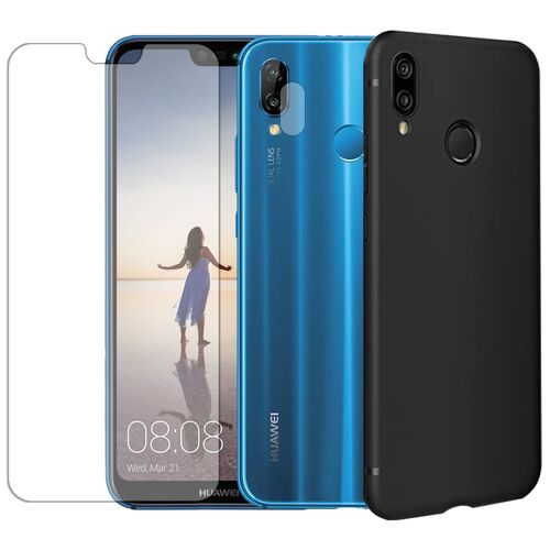 Protection Intégrale Verre Trempé Pour Huawei P20 Lite + Verre Trempé Caméra Arrière + Coque Souple Silicone Noire - Visiodirect -